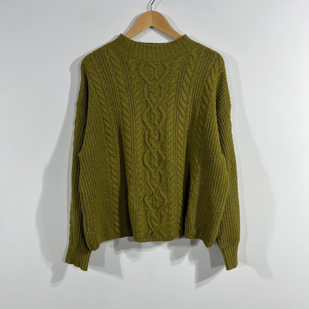Old Navy Fisherman Chartruese Green Cable Knit Sweater Women XL Preppy Old Money